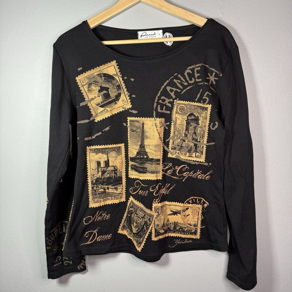Paris Yan Master Women’s Y2K Long Sleeve Scoop Neck Pullover Top Black Size L